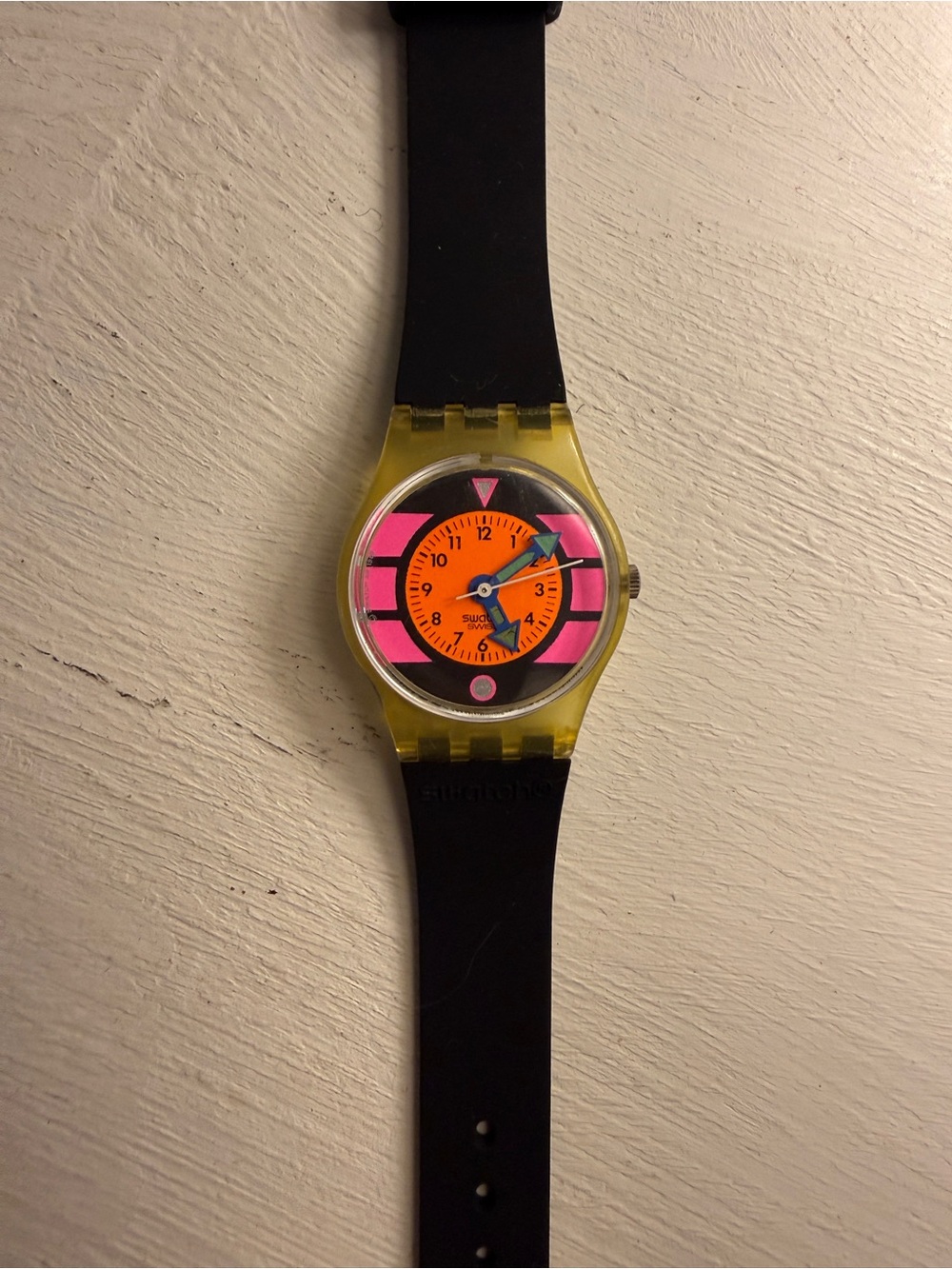Retro Neon Orange, Yellow, Pink Swatch Watch with Black Strap NWOB